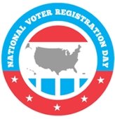 red white and blue national voter registration day logo