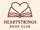 Logo for Heartstrings Book Club. An open book forms a heart shape at the top. Below, the text reads, "HEARTSTRINGS BOOK CLUB" in a warm brown color.