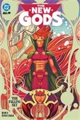 Cover of "The New Gods: The Falling Sky" comic featuring a figure in elaborate red armor, with a determined expression, set against cosmic elements.