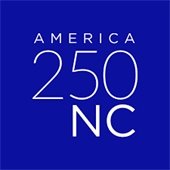 Blue background with white text reading "AMERICA 250 NC." The design is simple and bold, conveying a sense of celebration and commemoration.