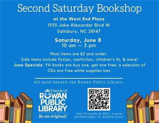 Blue flyer with white text advertising the Second Saturday Bookshop June sale date