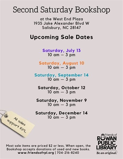 list of upcoming second saturday bookshop sale dates