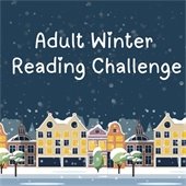 Snow falls over colorful townhouses beneath a dark winter sky. Trees are covered in snow. Text reads, "Adult Winter Reading Challenge."