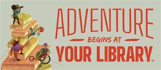 light green banner with text reading "adventure begins at your library" and illustrations of people climbing a big stack of books