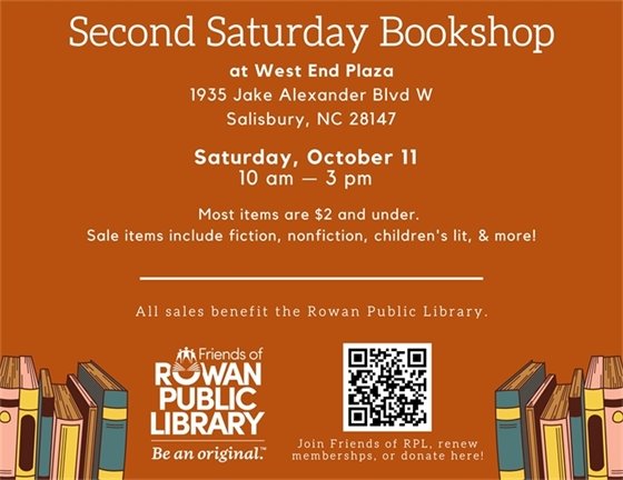 orange flyer with Friends of RPL logo and white text advertising the October 2025 Second Saturday Bookshop sale date