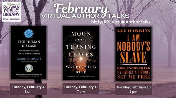 flyer with dark, foggy background and three book cover images