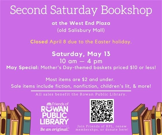 Purple bookshop flyer advertising the April closure and May sale date