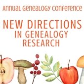 orange text reading "annual genealogy conference: new directions in genealogy research" on a white background with a fall foliage motif