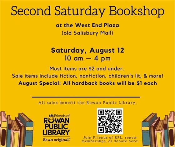 Yellow flyer with black text advertising the Friends of RPL's August sale date at the Second Saturday Bookshop