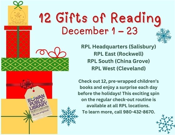 blue flyer with images of wrapped gifts advertising the 12 gifts of reading program