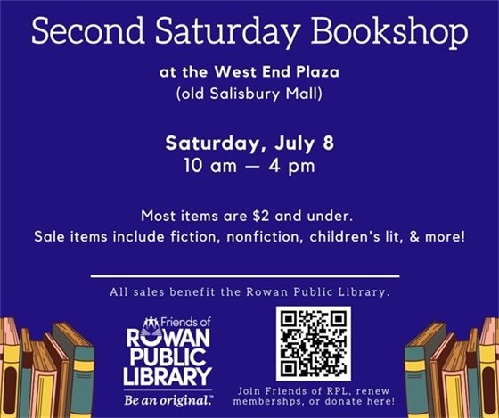 Purple flyer with white text advertising the Friends of RPL's July sale date at the Second Saturday Bookshop