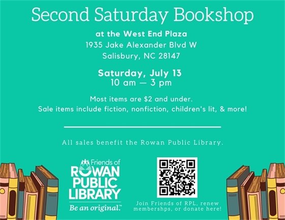 teal flyer with white text advertising the July 2024 Second Saturday Bookshop sale