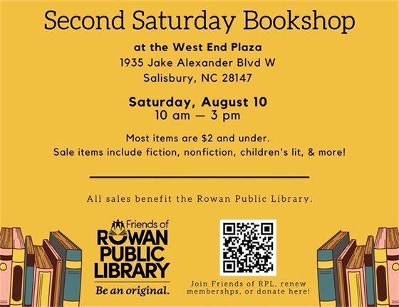 Yellow flyer with black text advertising the Friends of RPL Second Saturday Bookshop's August sale date