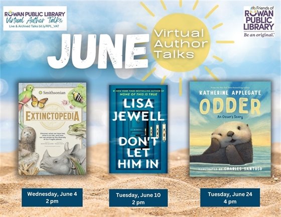 june virtual author talk flyers featuring book covers against a sunny beach background