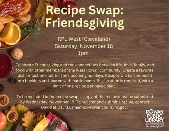 flyer with an image of thanksgiving food spread across a wooden table overlaid with yellow text
