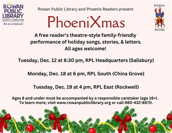 a flyer with garland images advertising RPL's Phoenix Readers holiday programs