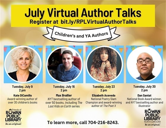 yellow flyer with author images advertising the free July 2024 virtual author talks