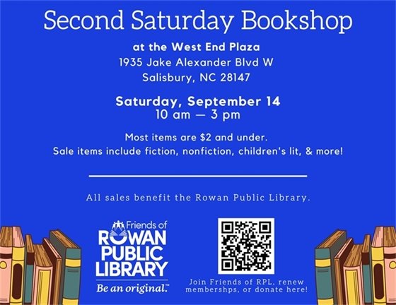 Blue flyer with white text advertising the Friends of RPL Second Saturday Bookshop's September sale date