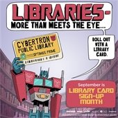 ALA graphic of Optimus Prime holding up a library card