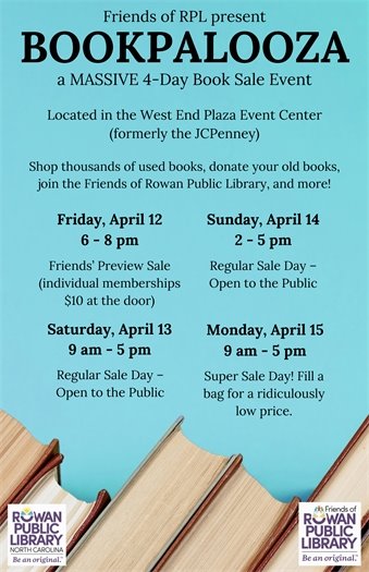 blue poster with image of books and black text advertising the Bookpalooza 4-day book sale event