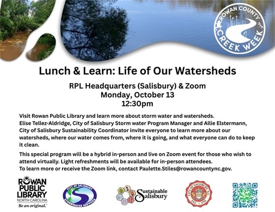 informational flyer about watersheds program on a background image of a creek area surrounded by trees and blue sky
