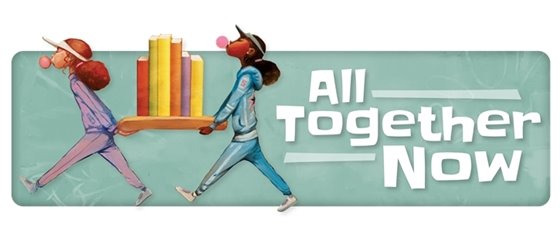 a banner image for Summer Reading 2023 featuring two girls working together to carry a load of books