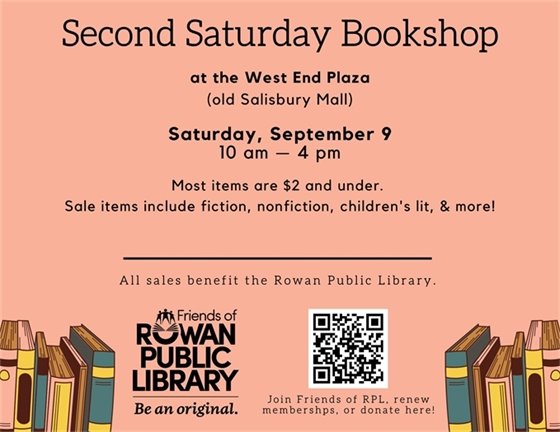 Peach-colored flyer with black text advertising the Friends of RPL's September sale date at the Second Saturday Bookshop