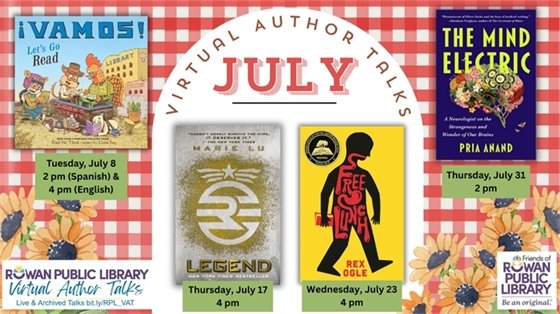 july virtual author talk flyers featuring book covers against a picnic-themed background