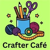 green background with black text reading "crafter café" under an illustration of various art and craft supplies