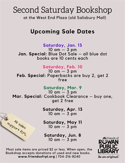 gary background with black text advertising upcoming Second Saturday bookshop sales and dates