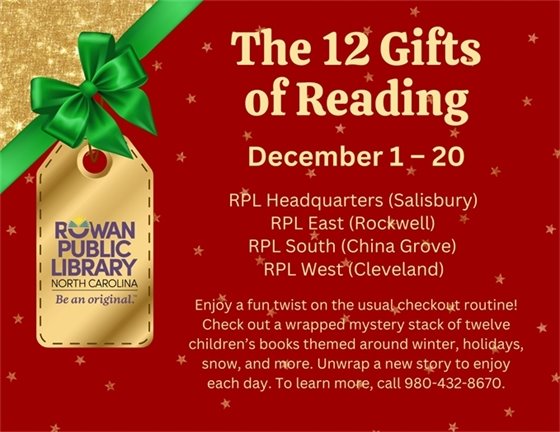 Festive flyer for "The 12 Gifts of Reading" event at Rowan Public Library branches. Features a gift tag with a green bow, gold background, and red starry text.