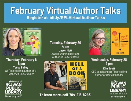 green flyer advertising three different virtual author talks happening in February 2024