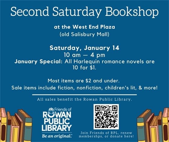 Flyer for the January 2023 Second Saturday Bookshop sale featuring a blue background 