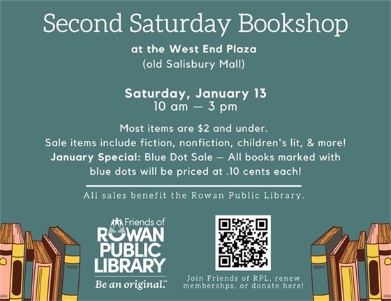 light grayish blue flyer with white text advertising the Second Saturday Bookshop's January 2024 sale date