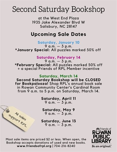 Alt text: "Flyer for the Second Saturday Bookshop sales at West End Plaza, Salisbury, NC. Includes dates from January to June with specials and hours. Contact info at bottom."