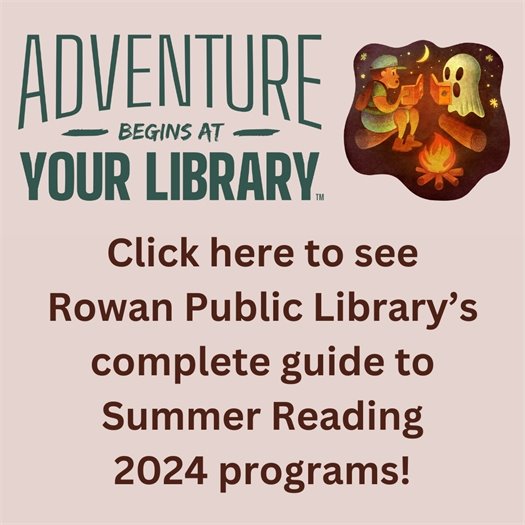 pink graphic with brown text and the "adventure begins at your library" logo advertising RPL's online summer reading guide