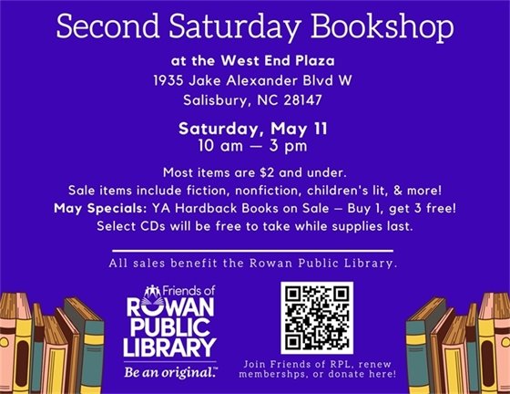 purple graphic with white text advertising the second saturday bookshop's May 2024 sale date