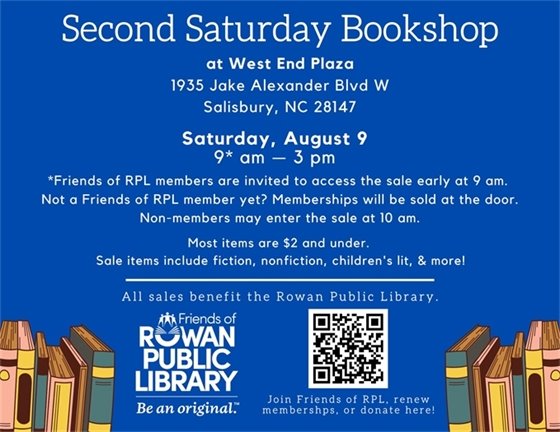 Blue flyer with Friends of RPL logo and white text advertising the August 2025 Second Saturday Bookshop sale date