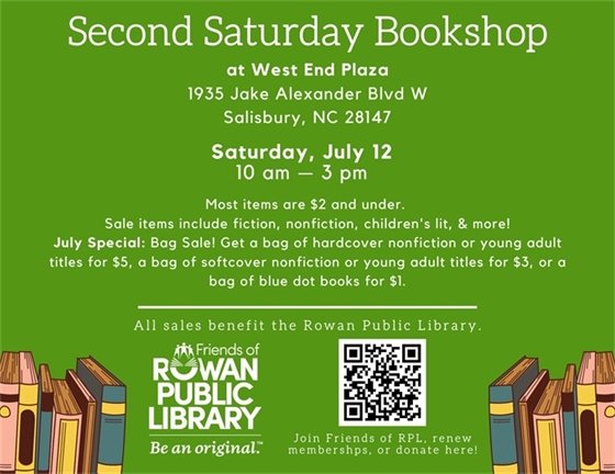 Green flyer with Friends of RPL logo and white text advertising the July 2025 Second Saturday Bookshop sale date