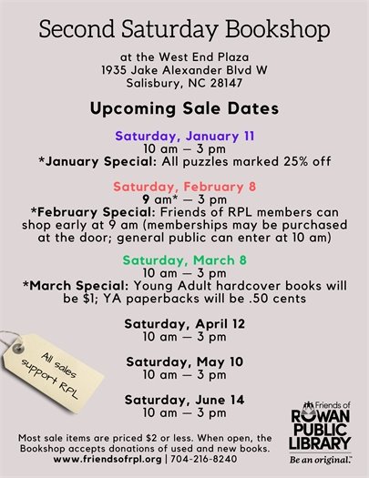 dates for the Friends of RPL Second Saturday Bookshop sales in early 2025