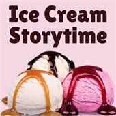 image of scoops of ice cream with brow text reading "ice cream storytime"