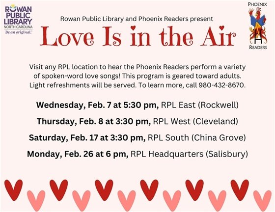 pink flyer with heart images advertising the Phoenix Readers Valentine-themed performances in February at RPL