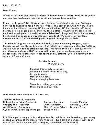 image of letter from Friends' president Jenny Hubbard