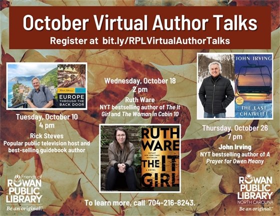 a flyer advertising October author talks featuring fall leaves and images of three different authors