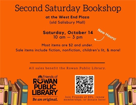 orange flyer advertising the October 2023 Second Saturday Bookshop sale
