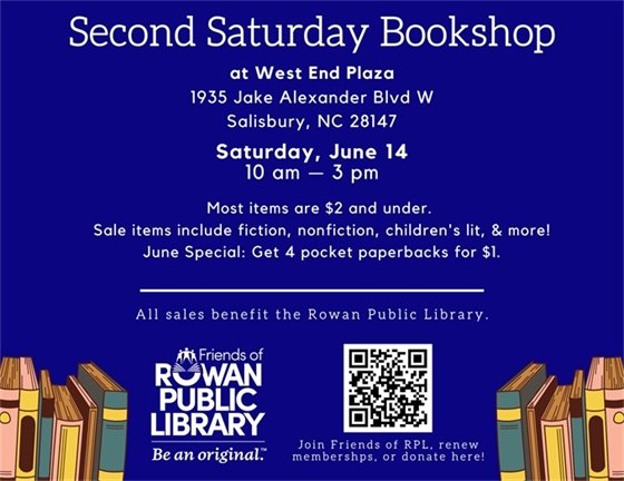 Purple flyer with Friends of RPL logo and white text advertising the June 2025 Second Saturday Bookshop sale date