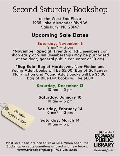 Flyer for "Second Saturday Bookshop" with event details at West End Plaza, Salisbury, NC. Includes sale dates from November to March and book prices.