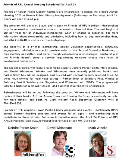 information about the upcoming Friends of RPL Annual Meeting on April 24