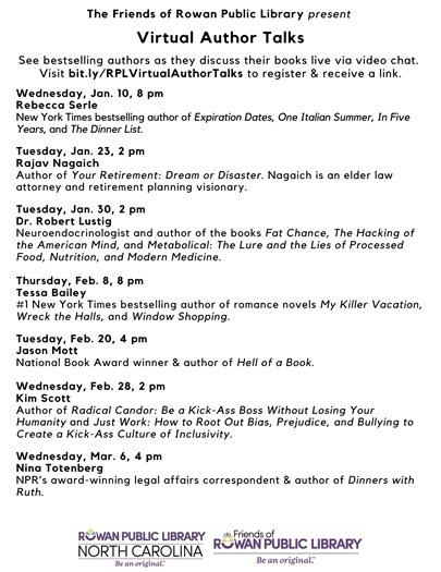 gray background with black text advertising upcoming free virtual author talks