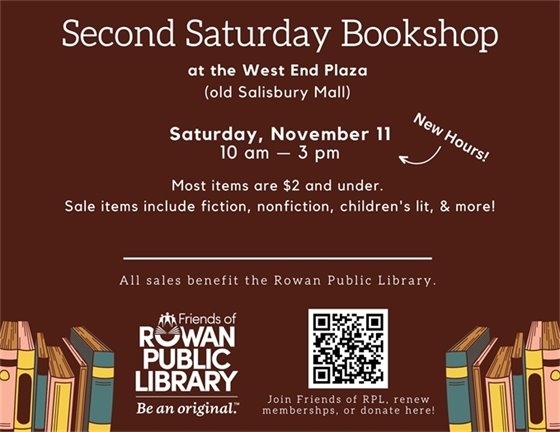 A brown flyer advertising the November 2023 Second Saturday Bookshop sale